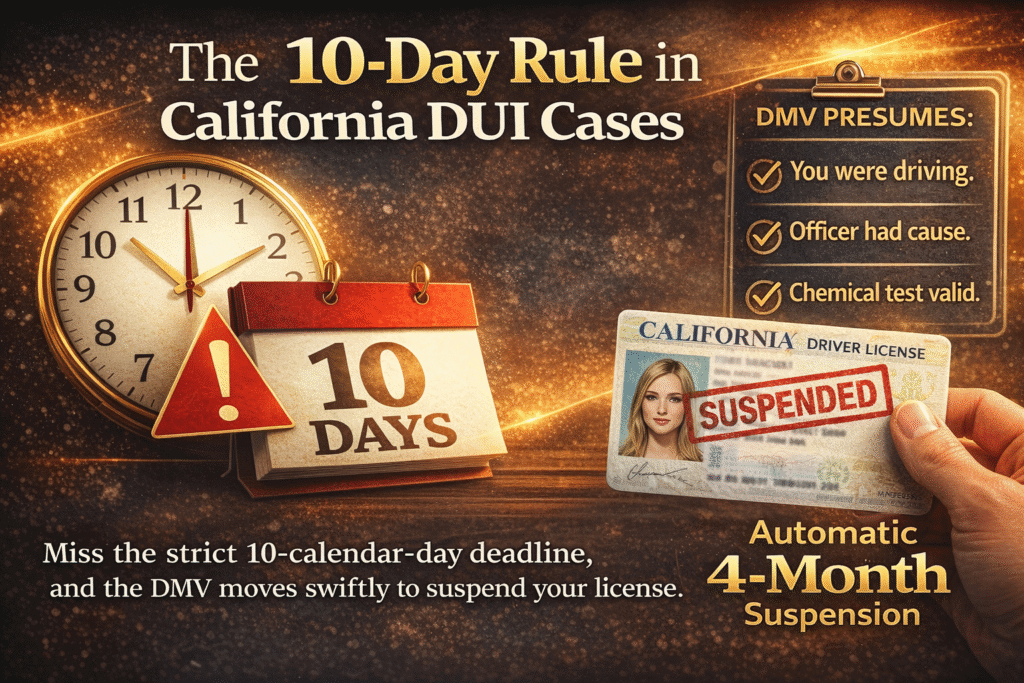 legal graphic illustrating California’s strict 10-day DUI deadline, showing a warning calendar, clock, DMV presumption checklist, and a California driver’s license stamped “Suspended,” emphasizing the risk of an automatic four-month suspension if the deadline is missed.