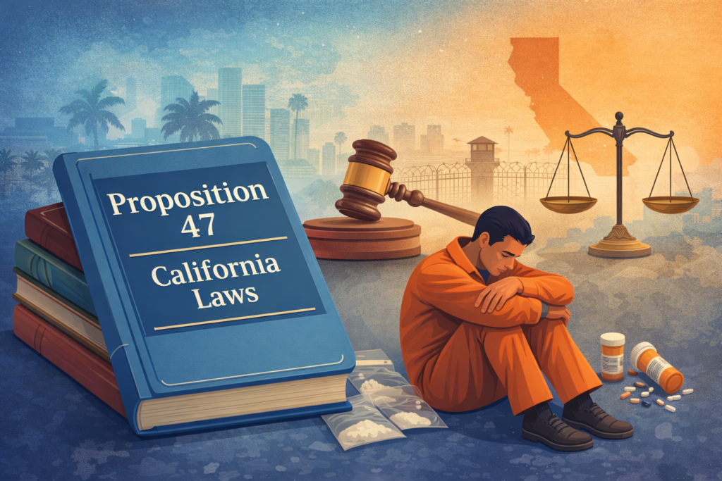 Illustration of a Proposition 47 law book beside a judge’s gavel and scales of justice, with a subdued inmate and California skyline in the background symbolizing sentencing reform and drug possession law changes.
