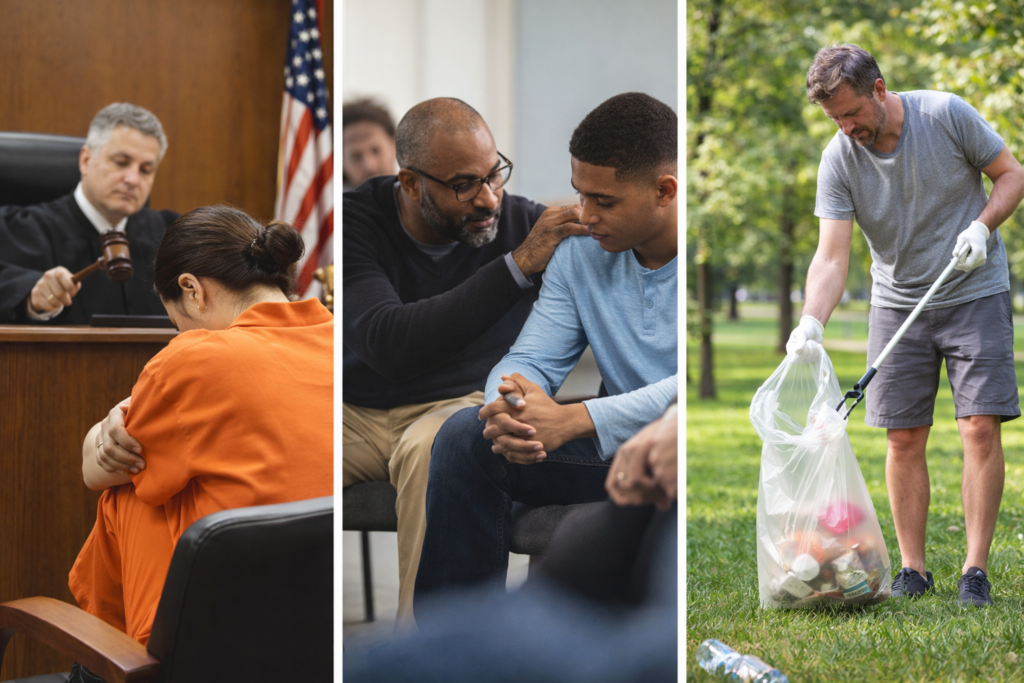 Three-panel image showing a courtroom sentencing, a counseling session for drug treatment, and a man performing community service, illustrating alternative sentencing options under Proposition 47.