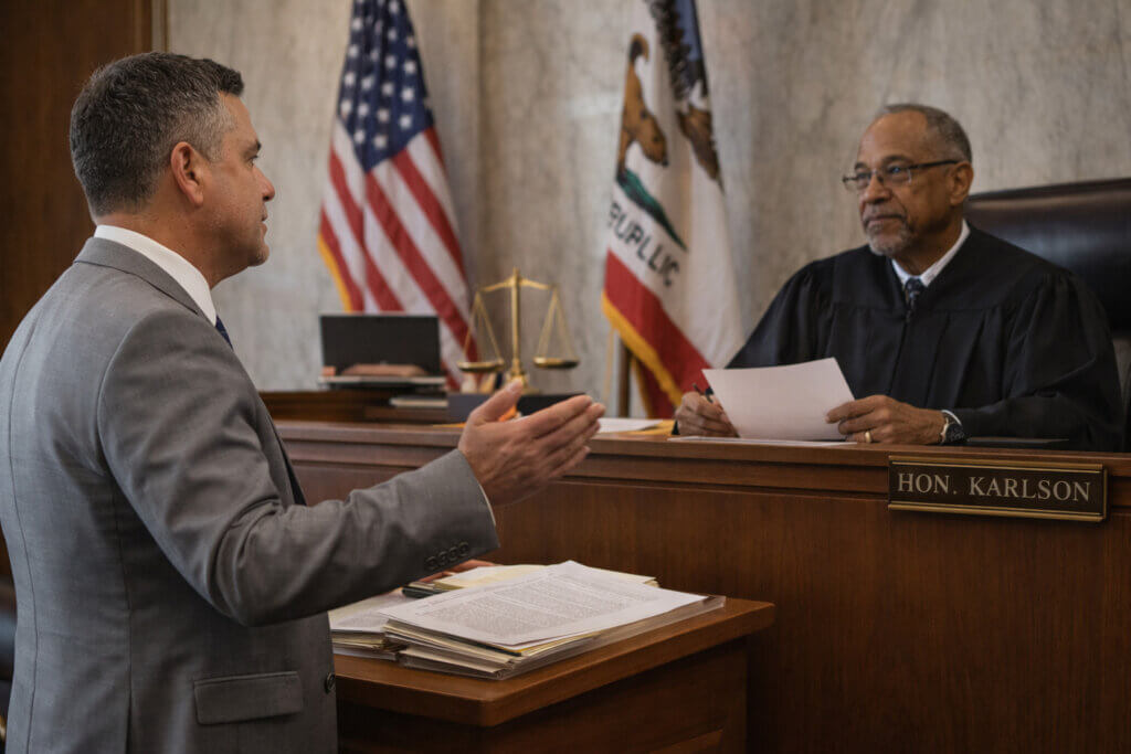 Attorney Evan Vargas presenting legal arguments before a judge in a California courtroom during a hearing related to criminal record expungement.