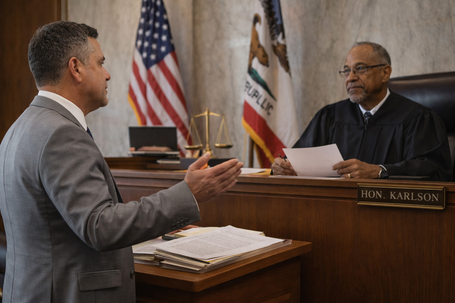 Attorney Evan Vargas presenting legal arguments before a judge in a California courtroom during a hearing related to criminal record expungement