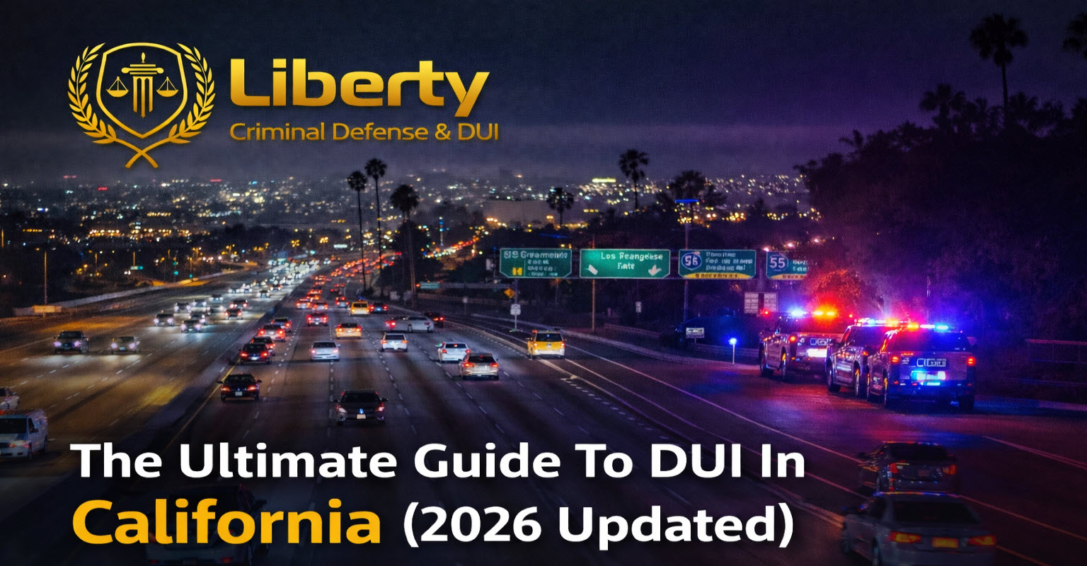 California highway at night with police lights. Alt text: "Experienced California DUI attorney Evan Vargas defending clients across Orange County, Riverside, and the Inland Empire.