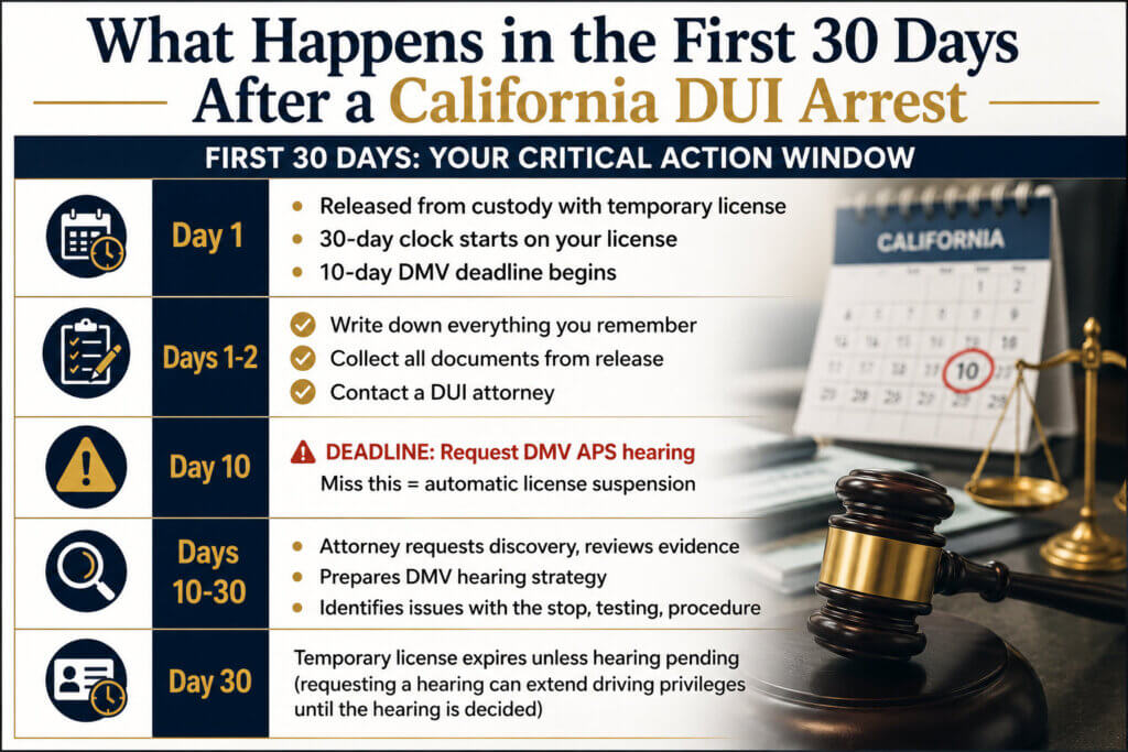 Timeline infographic outlining the critical first 30 days after a California DUI arrest, including the 10-day DMV hearing deadline, key legal actions, and milestones that can affect driving privileges.