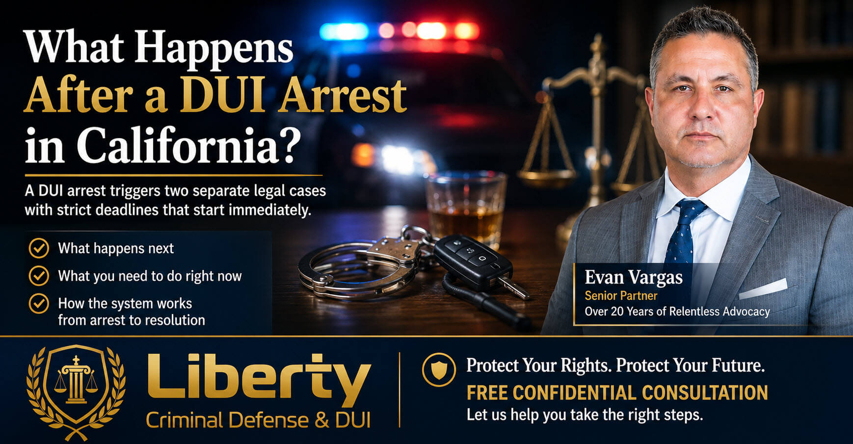 Horizontal blog title card for a California DUI guide featuring attorney Evan Vargas, police lights, handcuffs, car keys, and legal imagery, explaining what happens after a DUI arrest and the critical steps drivers should take immediately.