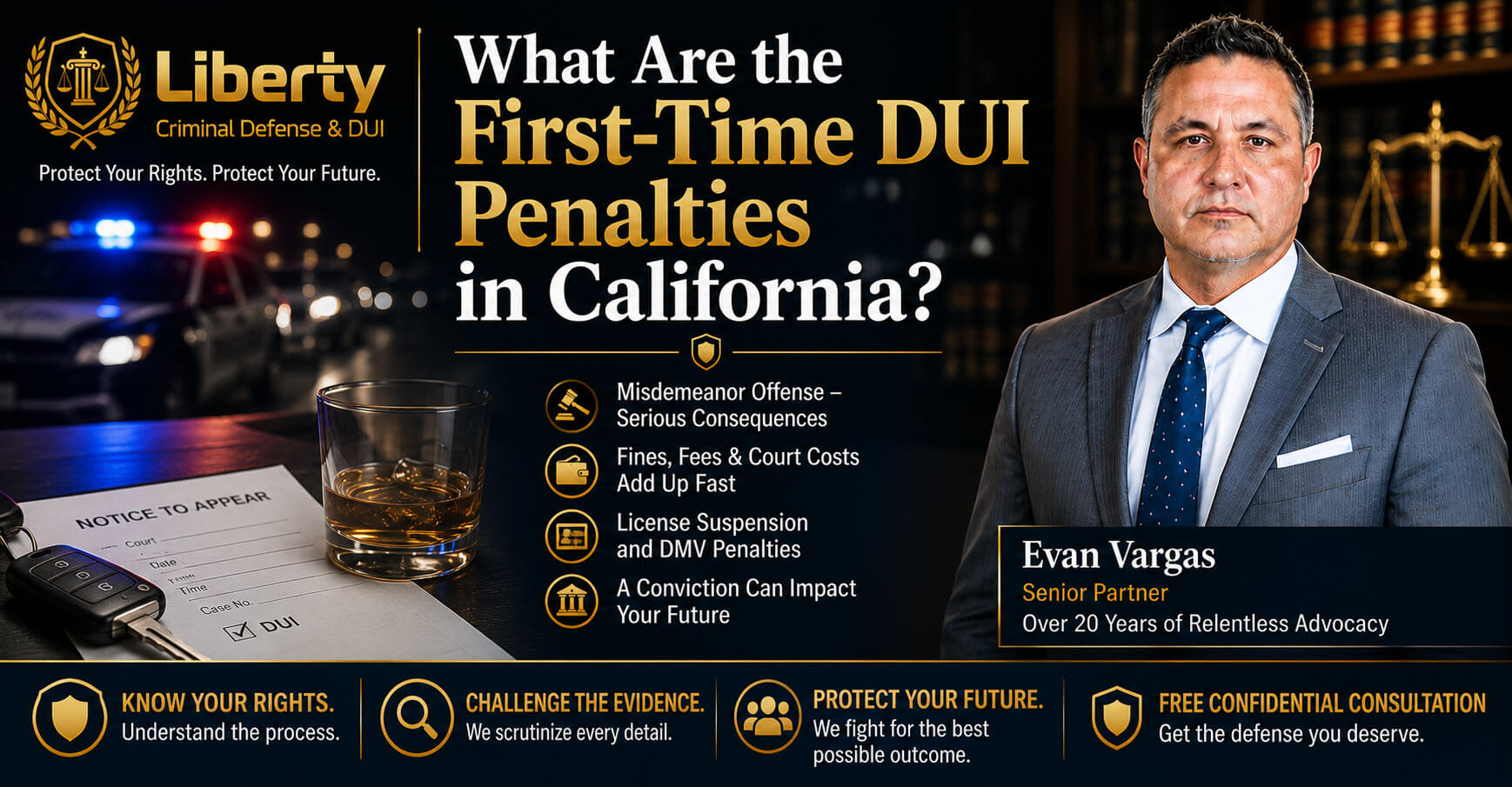 Horizontal blog title card featuring Evan Vargas, a nighttime DUI traffic stop, and imagery of a first-time California DUI, with text highlighting misdemeanor penalties, fines, license suspension, and long-term consequences.
