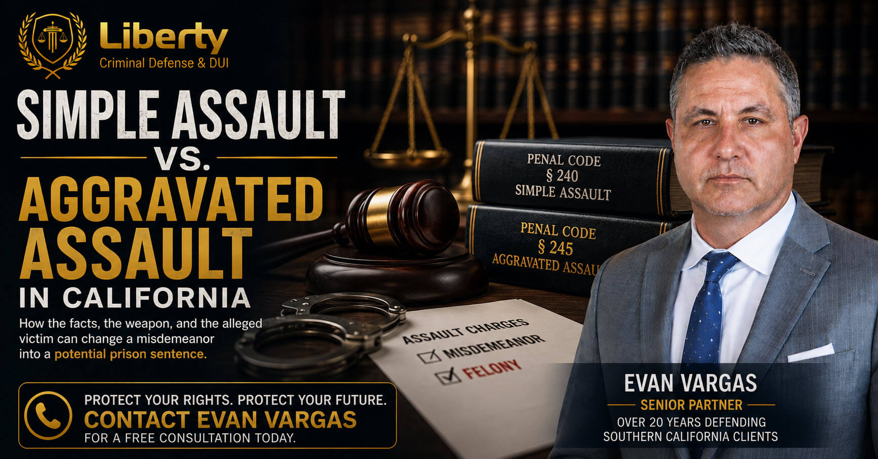 simple assault vs aggravated assault blog post title card with Evan Vargas